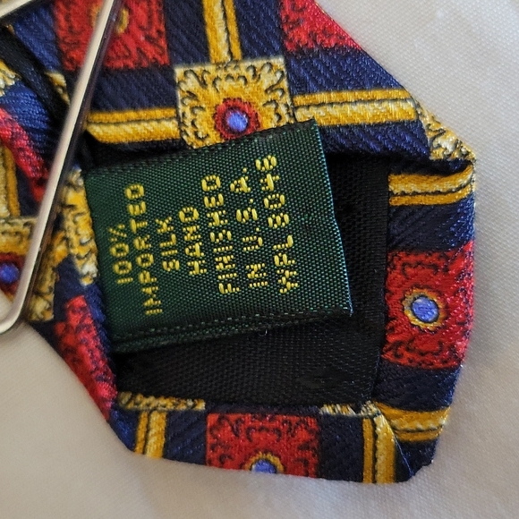 Vintage Men's Club Room 100% Imported Silk Tie Gold Red & Blue Grid Pattern NWT - Picture 2 of 4